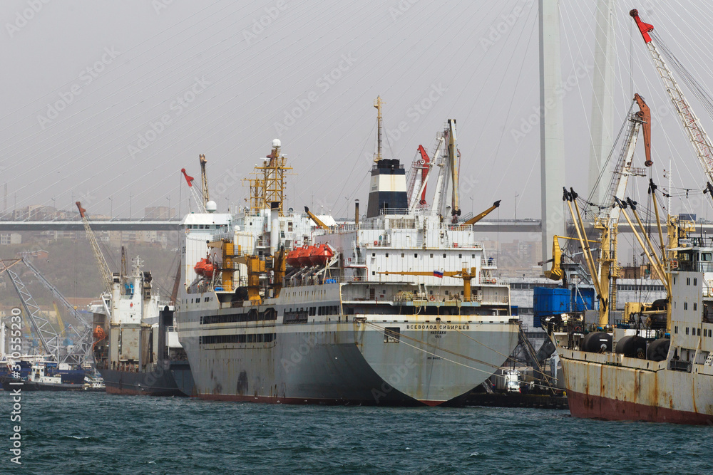 Commercial Sea Port in Vladivostok. Commercial ships stand at the berth wall of the sea cargo trading port in Vladivostok while loading containers