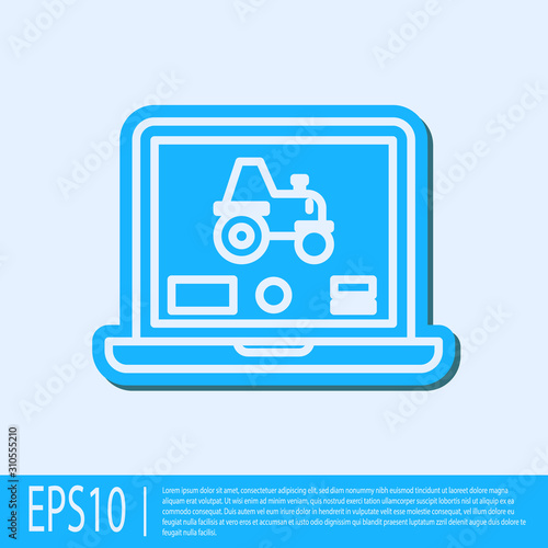 Blue line Laptop application for control a autonomous tractor on a smart farm icon isolated on grey background. Smart agriculture implement. Vector Illustration