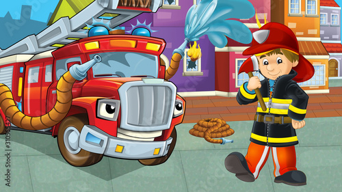 cartoon stage with fireman near building and brave firetruck is helping colorful illustration for children