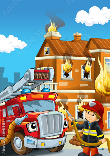 cartoon stage with fireman near building and brave firetruck is helping colorful illustration for children © honeyflavour