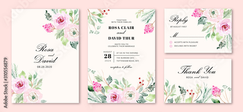 wedding invitation set with sweet pink flower watercolor
