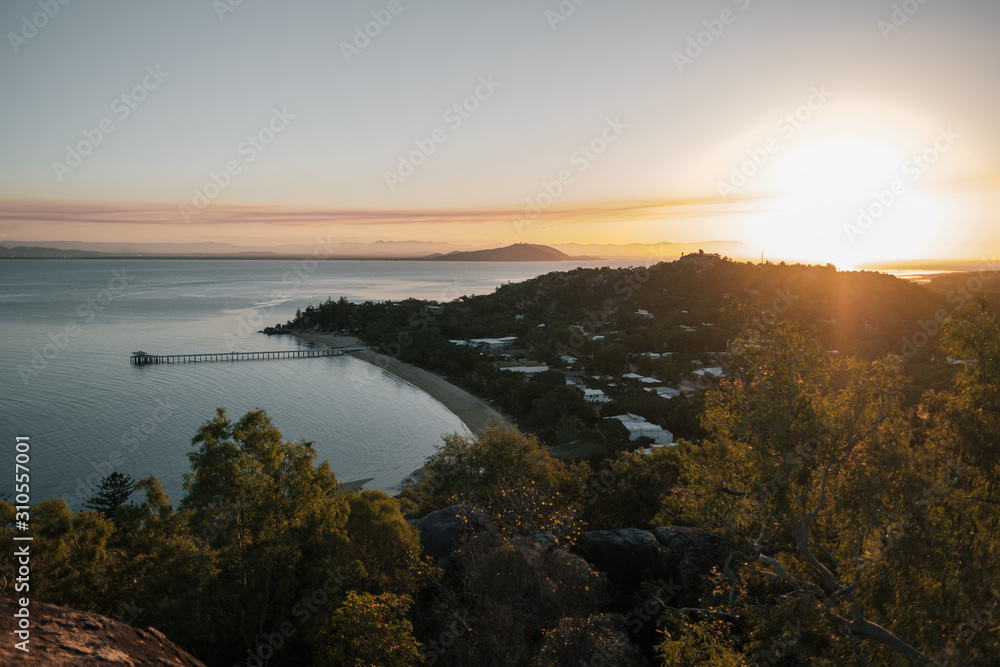 Magnetic island, Australia: view on the bay from the Hawkings point track during sunset, beautiful colourful pink sky