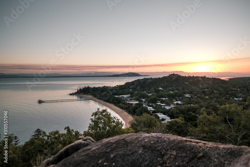 Magnetic island, Australia: view on the bay from the Hawkings point track during sunset, beautiful colourful pink sky