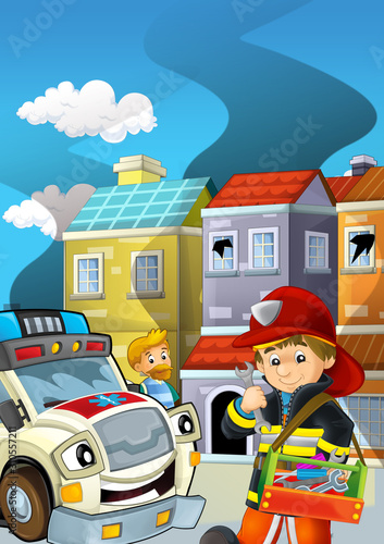 cartoon stage with fireman fire fighting near some building smoking - illustration for children © honeyflavour