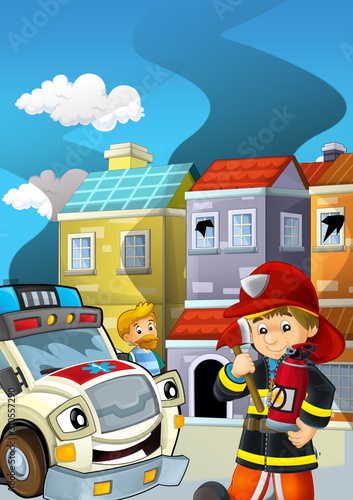 cartoon stage with fireman fire fighting near some building smoking - illustration for children © honeyflavour