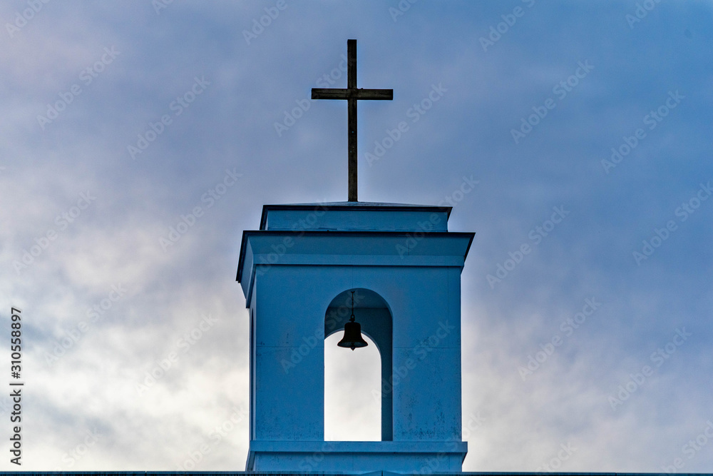 Top of church is in the evening sky. Top of church is in the evening sky.