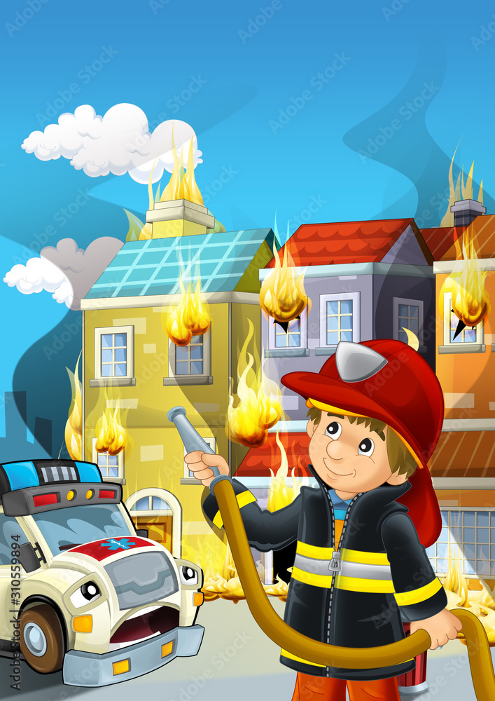 Naklejka premium cartoon scene with fireman working near some ambulance and building is burning illustration for children
