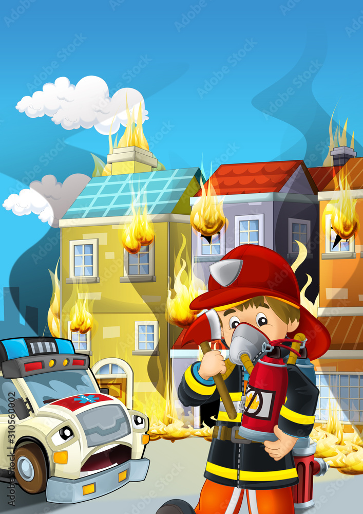Naklejka premium cartoon scene with fireman working near some ambulance and building is burning illustration for children