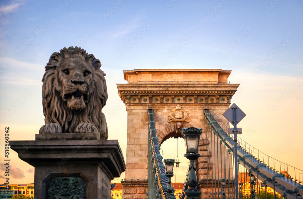 The Chain Bridge across the Danube River in Budapest, Hungary.