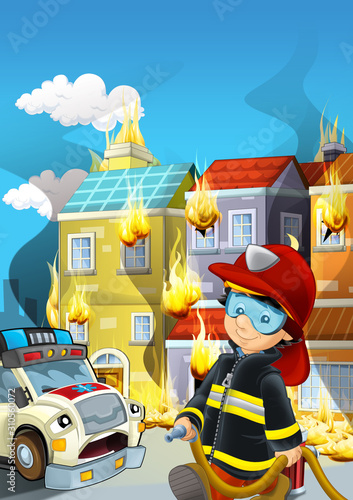 cartoon scene with fireman working near some ambulance and building is burning illustration for children © honeyflavour