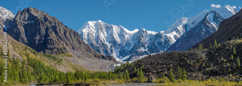Picturesque mountain view. Glaciers and snow-capped peaks. Rocks and a rare forest. © Valerii