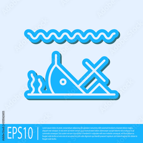 Blue line Sunken ship at the bottom of the sea icon isolated on grey background. Vector Illustration