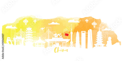 Travel China postcard, poster, tour advertising of world famous landmarks in paper cut style. Vectors illustrations