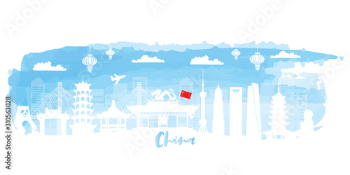 Travel China postcard, poster, tour advertising of world famous landmarks in paper cut style. Vectors illustrations