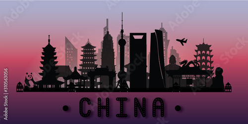Travel China postcard, poster, tour advertising of world famous landmarks in paper cut style. Vectors illustrations