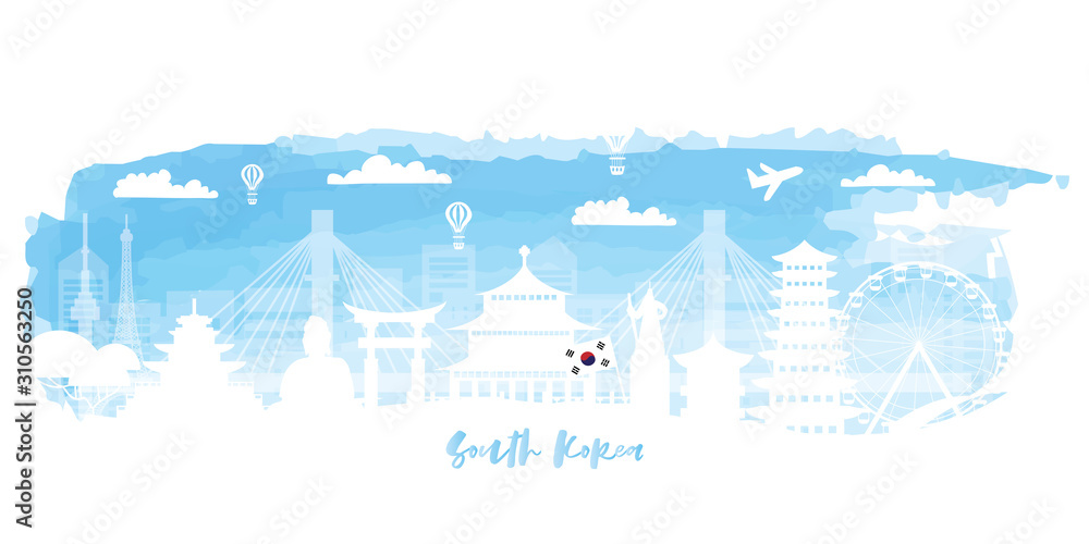 Fototapeta premium South Korea Travel postcard, poster, tour advertising of world famous landmarks in paper cut style. Vectors illustrations