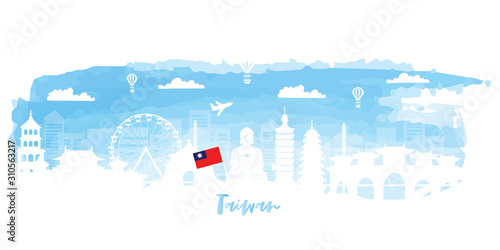 Travel Taiwan postcard, poster, tour advertising of world famous landmarks in paper cut style. Vectors illustrations