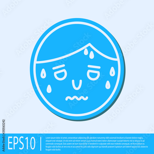 Blue line Man with excessive sweating icon isolated on grey background. Vector Illustration