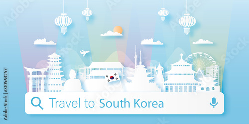 South Korea Travel postcard, poster, tour advertising of world famous landmarks in paper cut style. Vectors illustrations