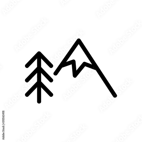 mountain and Christmas tree icon vector. A thin line sign. Isolated contour symbol illustration photo