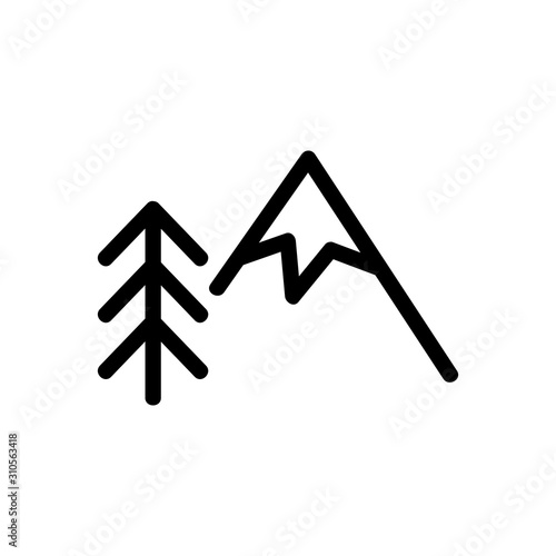 mountain and Christmas tree icon vector. A thin line sign. Isolated contour symbol illustration