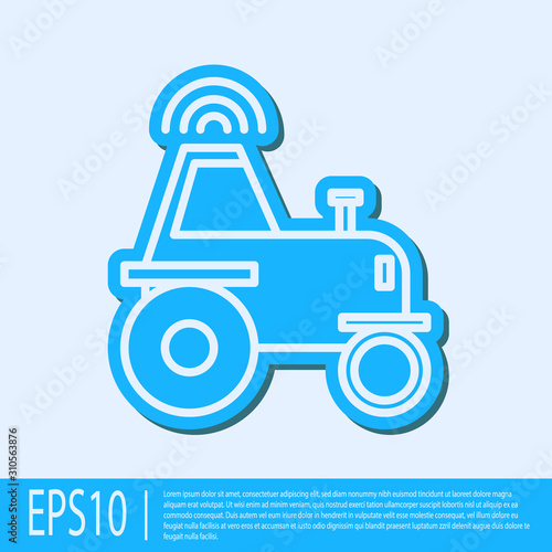 Blue line Self driving wireless tractor on a smart farm icon isolated on grey background. Smart agriculture implement element. Vector Illustration