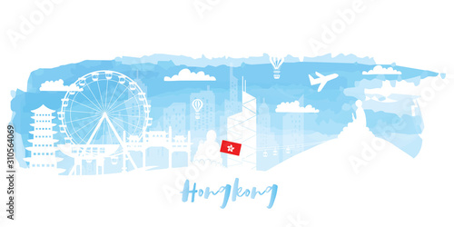 Hongkong Travel postcard, poster, tour advertising of world famous landmarks in paper cut style. Vectors illustrations