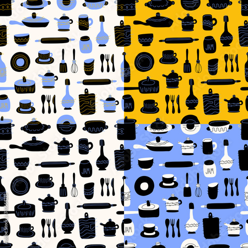 Kitchen seamless pattern of decorative tableware items. Ceramic utensils or crockery - cups, dishes, bowls, pitchers. Vector illustration in flat style with colorful texture.