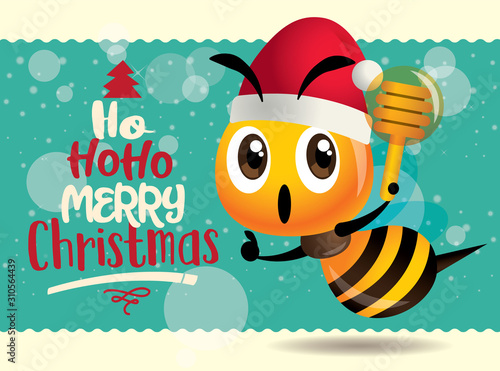 Merry Christmas. Cute bee holding honey dipper with big turquoise signboard. Merry Christmas lettering greeting card  - Vector