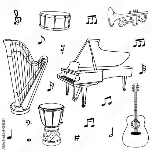 Hand drawn of music doodles, instruments, notes, signs and symbols isolated on white background