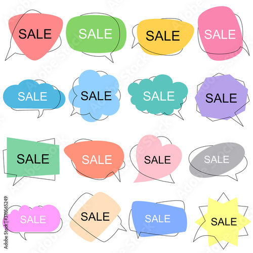 Set of flat colorful bubble speech vector. Banners, price tags, stickers, posters, badges. Isolated on white background.	