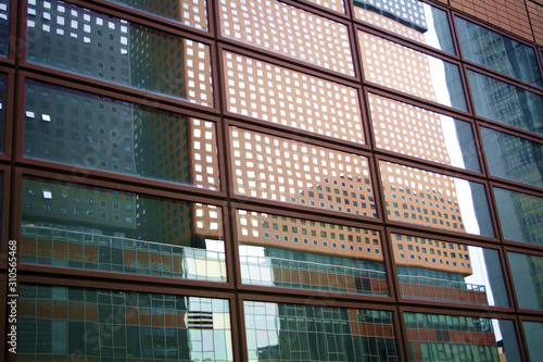 Reflection of skyscraper in the window. Modern building, Seoul, South Korea