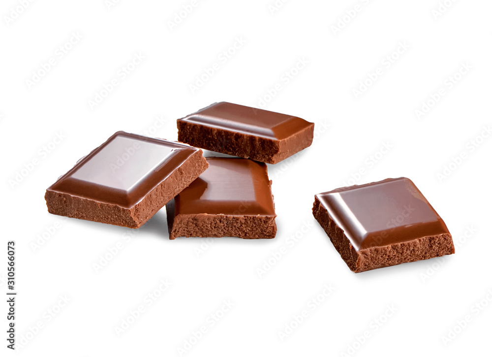 square pieces of broken chocolate bar close-up isolated on white background square pieces of broken chocolate bar close-up isolated on white background