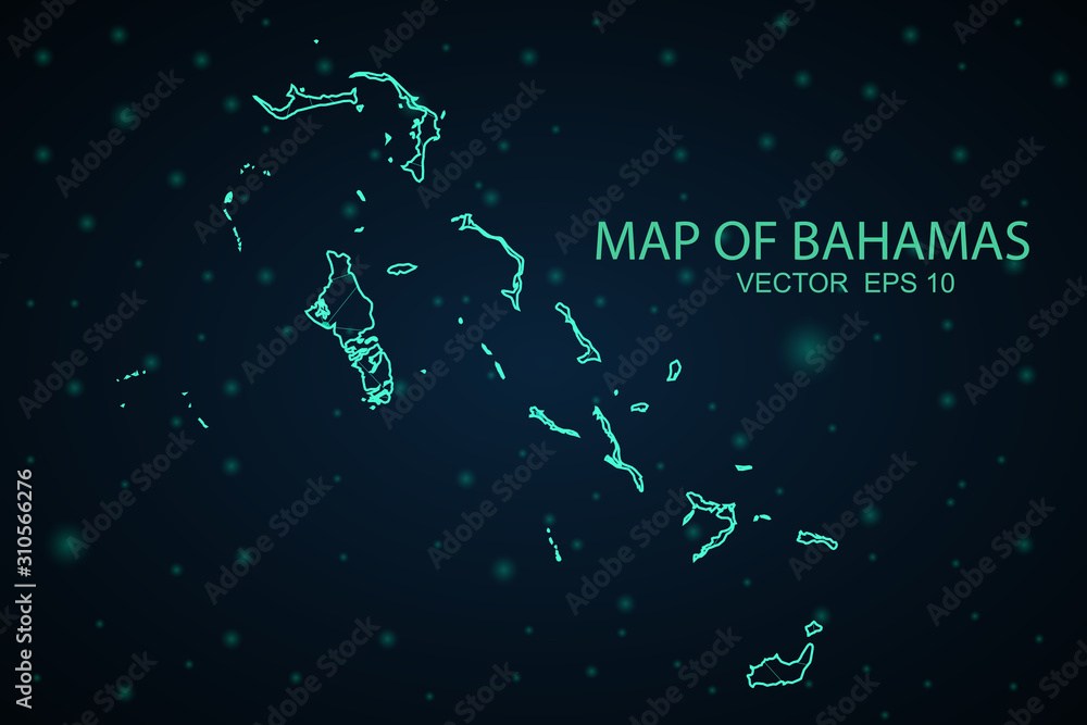 Abstract mesh line and point scales on dark background with Map of Bahamas. Wire frame 3D mesh polygonal network line, design sphere, dot and structure. communications map of Bahamas. Vector. Abstract mesh line and point scales on dark background with Map of Bahamas. Wire frame 3D mesh polygonal network line, design sphere, dot and structure. communications map of Bahamas. Vector.