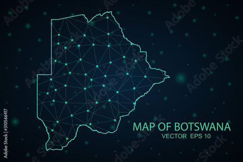 Map of Botswana from Polygonal wire frame low poly mesh, contours network line, luminous space stars, design sphere, dot and structure. Vector Illustration EPS10.