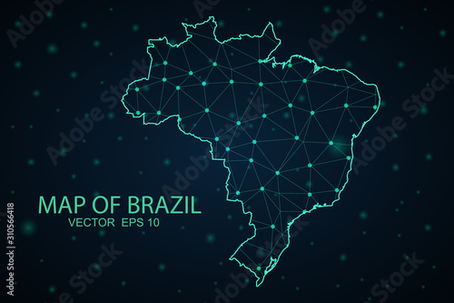 Map of Brazil from Polygonal wire frame low poly mesh, contours network line, luminous space stars, design sphere, dot and structure. Vector Illustration EPS10.