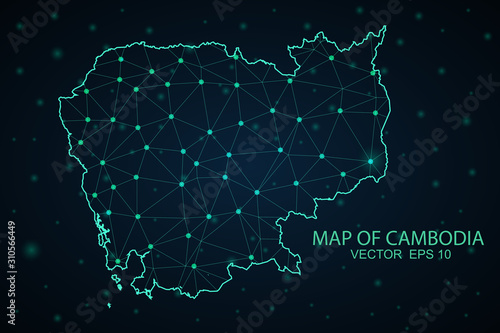 Abstract mesh line and point scales on dark background with Map of cambodia. Wire frame 3D mesh polygonal network line, design sphere, dot and structure. communications map of cambodia. Vector.