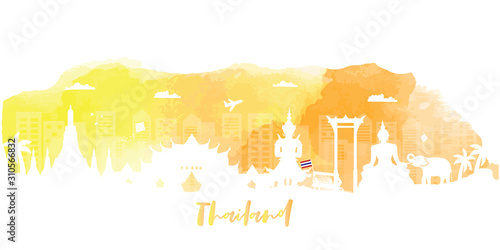 Thailand Travel postcard, poster, tour advertising of world famous landmarks in paper cut style. Vectors illustrations