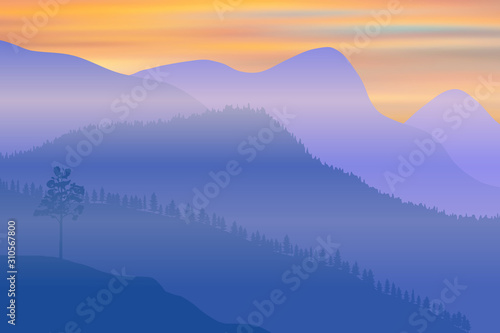 Fantasy on the dawn in the mountains, vector illustration, EPS10