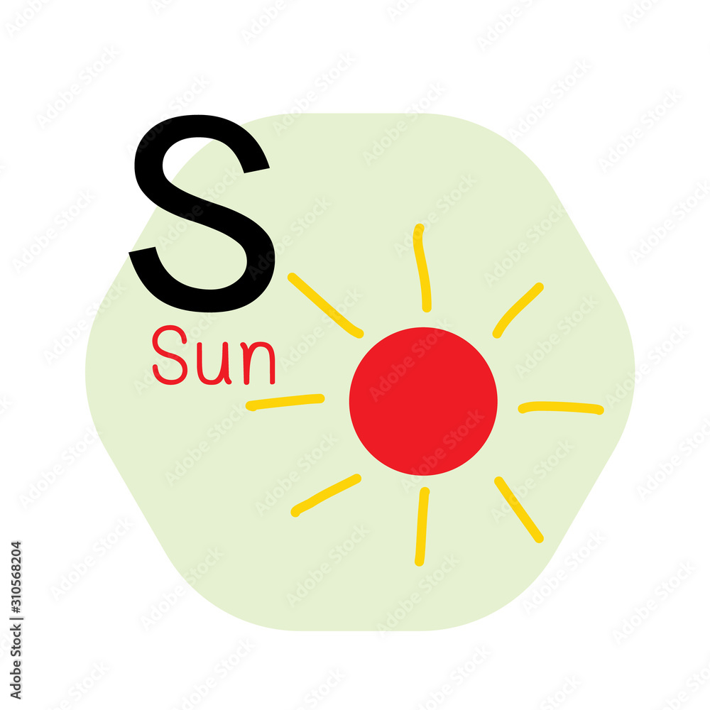 S for Sun alphabet, Cute Simple flat cartoon style vector S for Sun alphabet, Cute Simple flat cartoon style vector