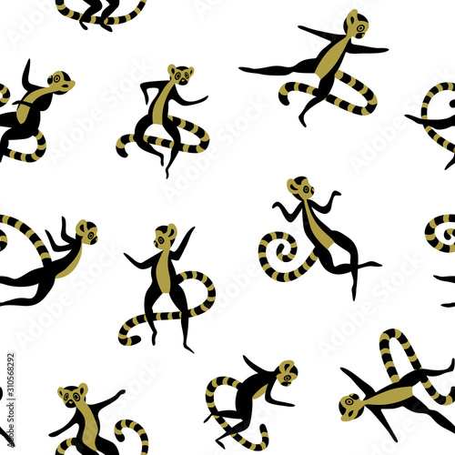 Seamless pattern with cute cartoon lemurs. Black and gold objects isolated on white background. Vector illustration.