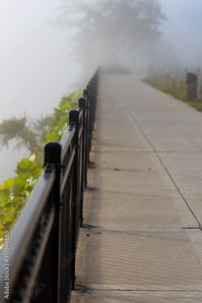 Sidewalk in the fog along lake