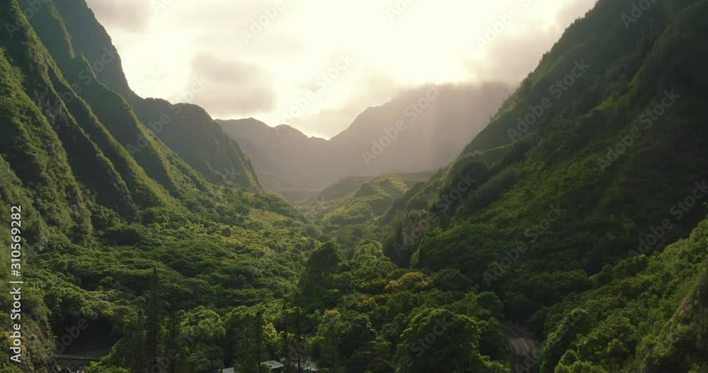 4k aerial drone pan up over lush green valley in Hawaiian rainforest with sun rays.