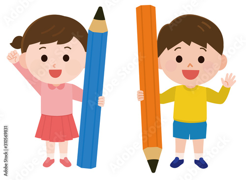 鉛筆をもつ子供　男女　イラスト