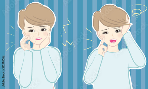 肌のニキビが気になってつい触ってしまう女子のベクターイラスト