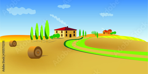 Vector mediterranean landscape. Beautiful cypress trees grow near lonely houses