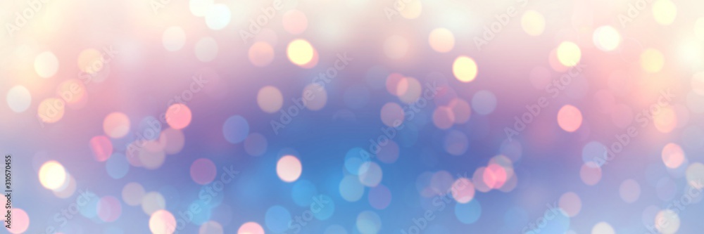 Bokeh pattern romantic banner. Blurred texture iridescent glitter. Empty background winter holiday. Defocus pattern blue pink yellow gradient. Abstract template fantasy garland lights. Bokeh pattern romantic banner. Blurred texture iridescent glitter. Empty background winter holiday. Defocus pattern blue pink yellow gradient. Abstract template fantasy garland lights.