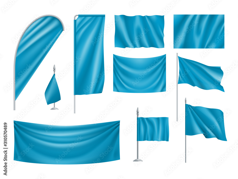 Blue rectangular flags set isolated on white background. Realistic wavy flag on pole, expo banner, drop and desk flag mockups. Product branding, company corporate identity vector illustration.