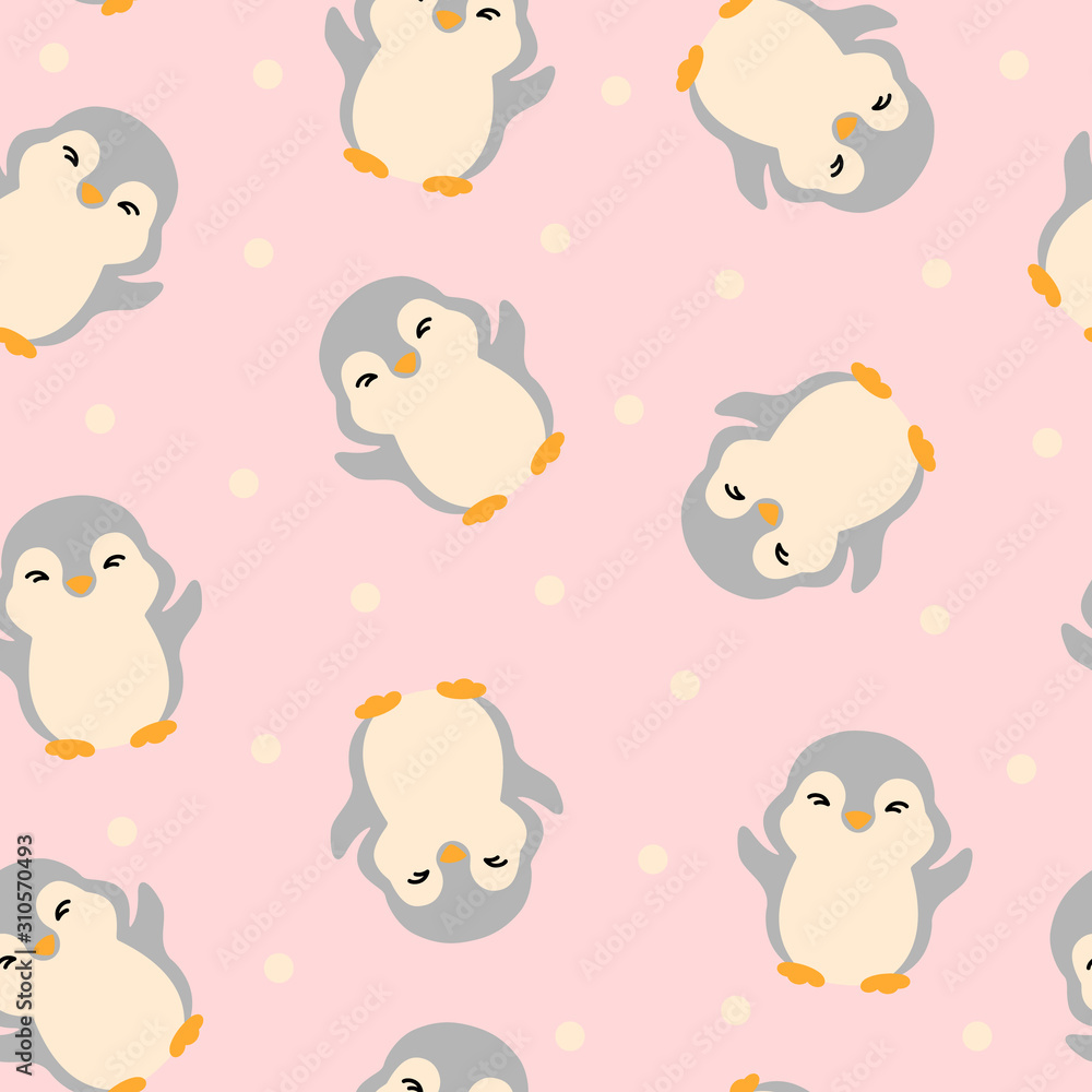 Seamless pattern with funny gray penguins on a pink background Seamless pattern with funny gray penguins on a pink background