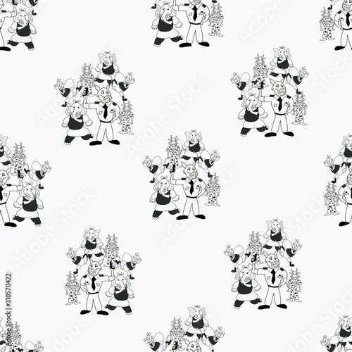 Vector black and white playful bunch of anthropomorphic characters seamless pattern background